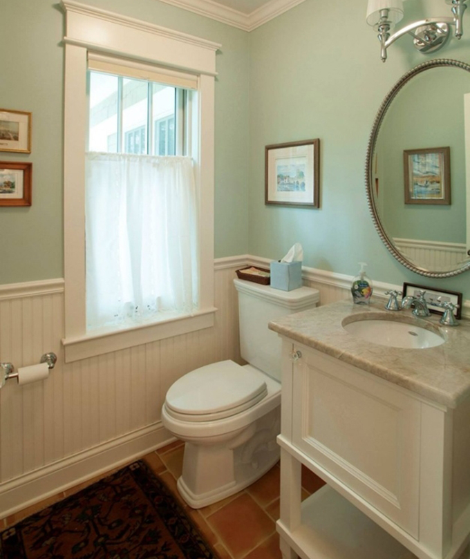 Lake Geneva Half Bath Remodel with decorative half wall and new cabinet with sink Lake Geneva Half Bath Remodel